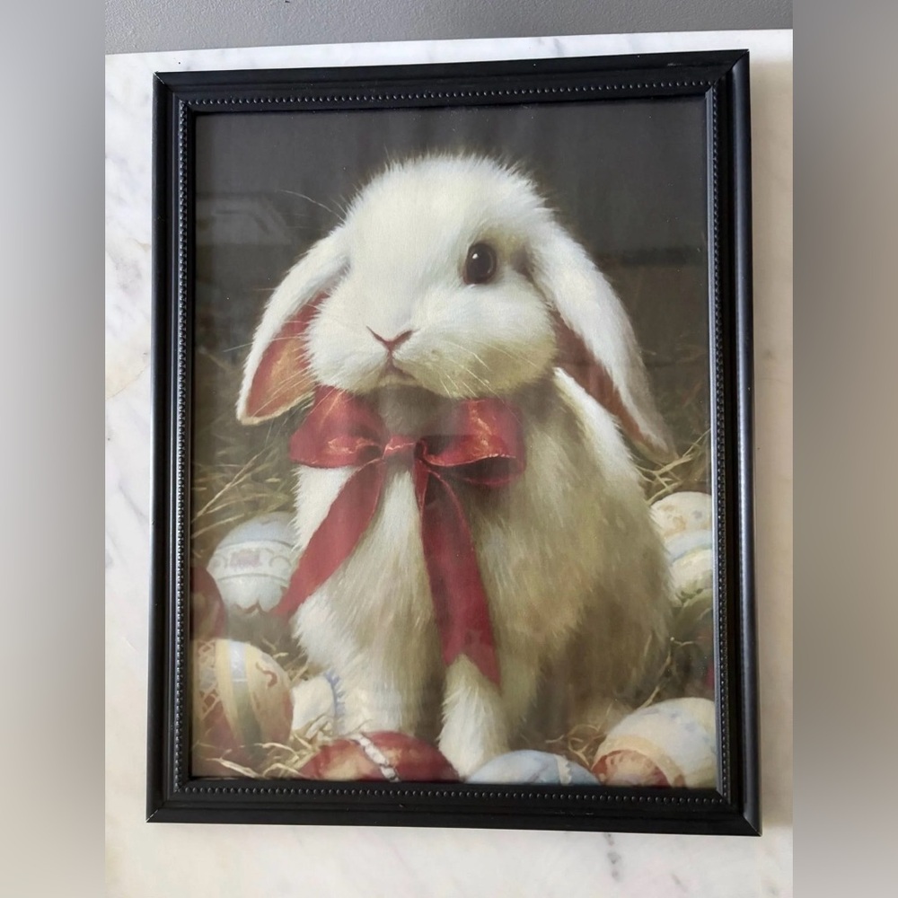 Elegant Framed Art with White Bunny and Red Bow